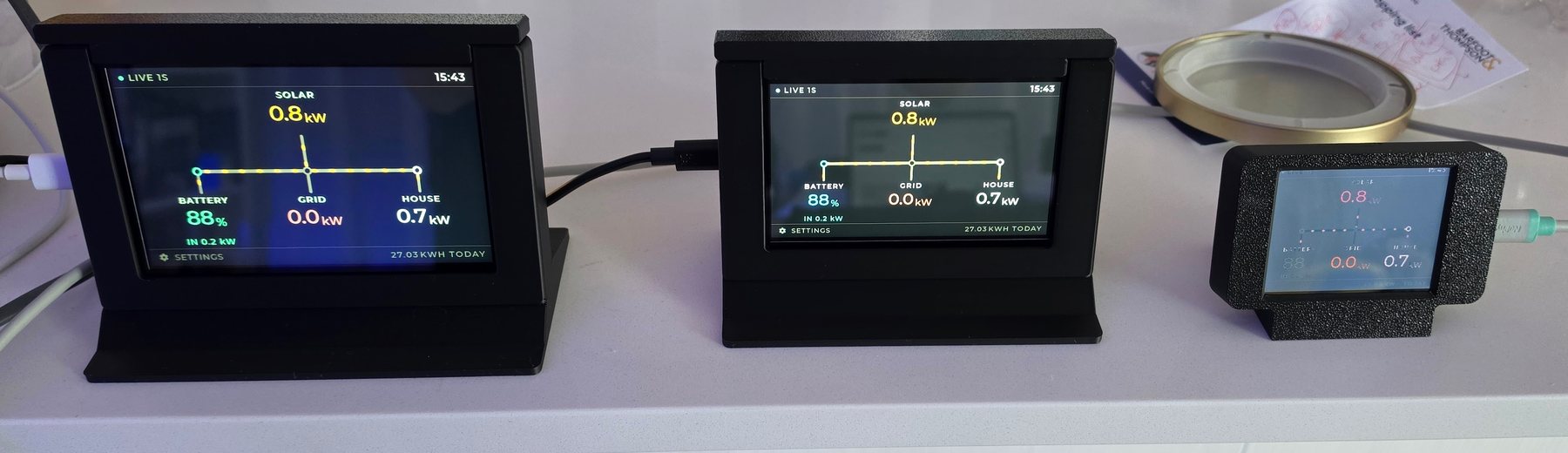 The 5-inch, 4.3-inch and 2.8-inch SigBuddy side by side on a bench, largest to smallest, all three showing the same reading at 15:43 — solar 0.8 kW, battery 88 percent charging at 0.2 kW, grid 0.0 kW and house 0.7 kW.
